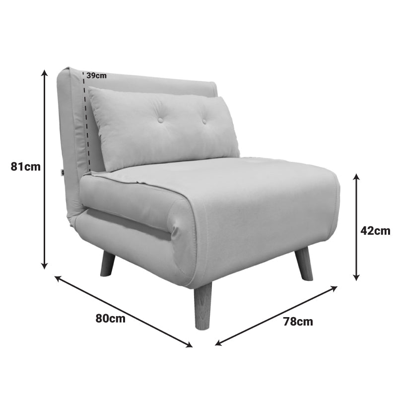 Модерна мултифункционална фотелја на расклопување Armchair-Bed Wreax обложена со луксузно крем кадифе, поддржана со цврсти дрвени ногарки во природна натур нијанса
