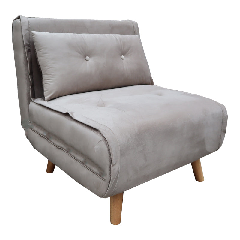Модерна лоунџ фотелја на расклопување Armchair-bed Vedda тапацирана со мека, долговечна сиво-беж кадифена ткаенина, во позиција на фотелја и целосно расклопена како паметен кревет