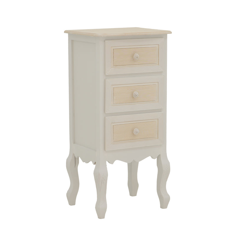 Префинета и издолжена ноќна масичка Bedside table Halin со горна плоча во природна нијанса на дрво, античко бела рамка, практична фиока и долна решеткаста полица