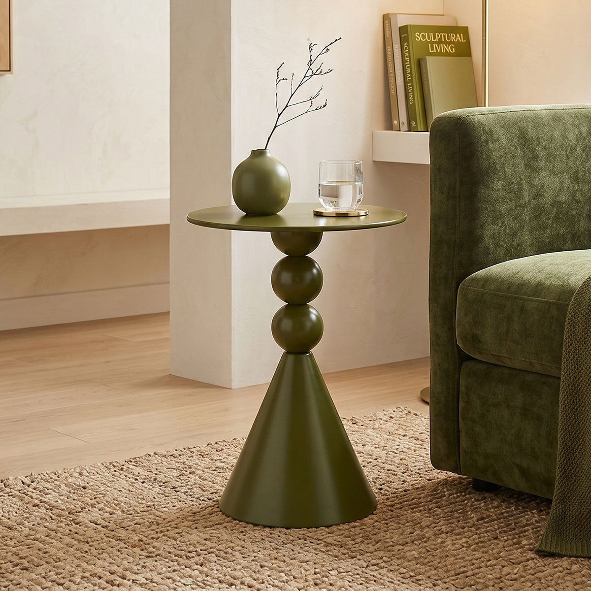 Модерна, естетска и уникатна тркалезна помошна масичка Side table Radic од зајакнат метал со мат финиш во урбана маслинесто зелена боја