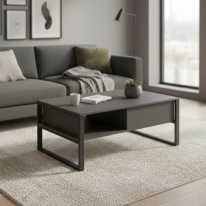 Модерна индустриска клуб маса за кафе Coffee Table Weld со правоаголна плоча во мат антрацит сива боја и засилена геометриска основа во длабок црн тон