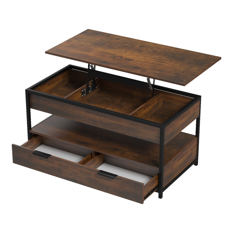 Индустриска и мултифункционална паметна клуб масичка Coffee Table Ultra со подигната горна плоча во рустично кафена боја врз стабилна црна метална рамка
