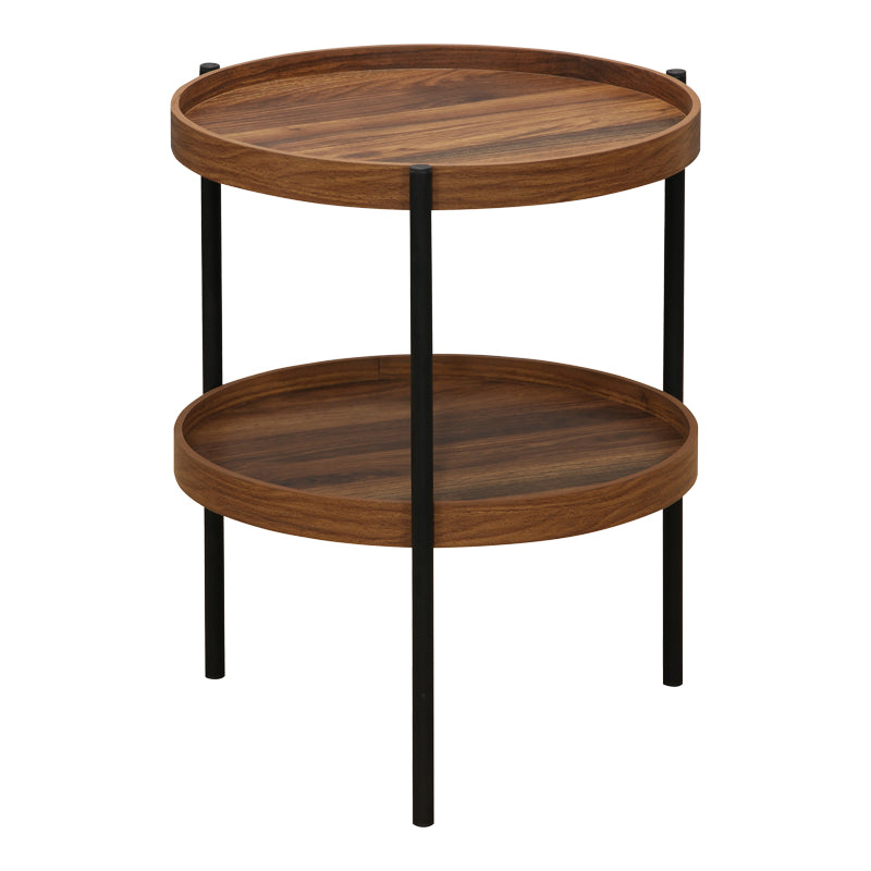 Модерна, естетска и уникатна тркалезна помошна масичка Side table Icoic со горна плоча во богата орев нијанса на дрво и минималистичка црна метална структура