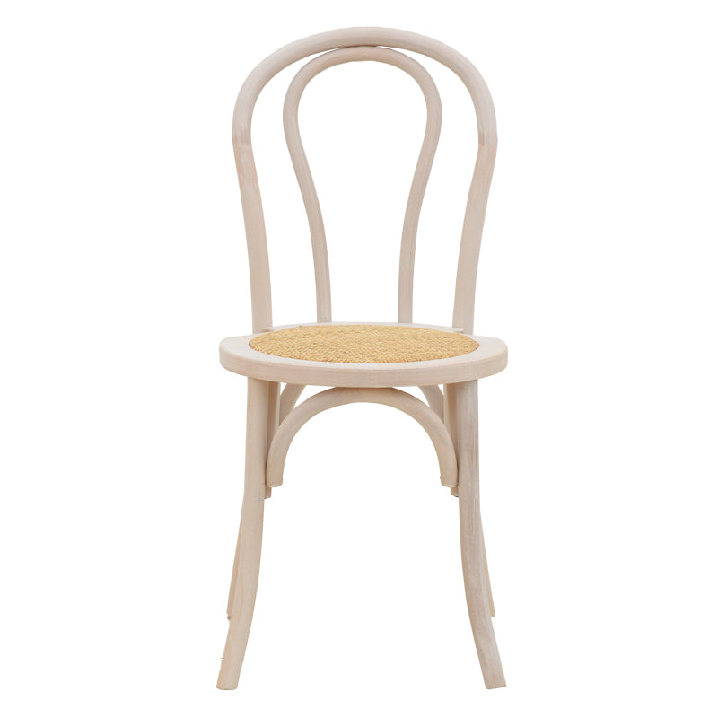 Модерен, естетски и уникатен виенски дрвен стол Vienna stackable Chair Maric од тешка букова конструкција во бело-испрана нијанса со органско седиште од природен ратан