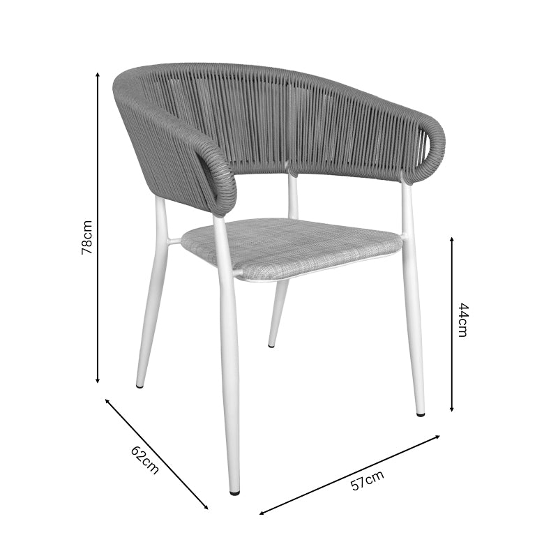 Модерна, естетска и уникатна лоунџ фотелја Aluminum armchair Jarrahic со цврста бела алуминиумска рамка и густо ткаено Textilene платно во топла нијанса на природен ратан