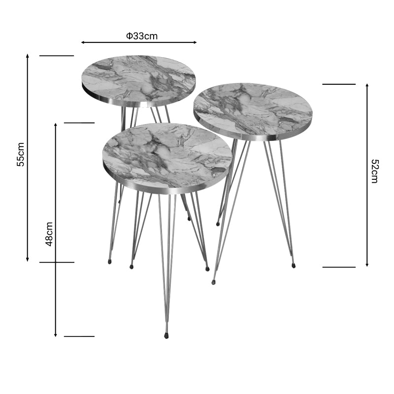 Модерен, естетски и уникатен сет од три клуб масички Side tables Kapokic со горна плоча во луксузен сиво-беж мермерен декор и сјајни златни метални ногарки