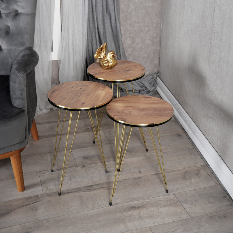 Модерен, естетски и уникатен сет од три клуб масички Side tables Kasic со горна плоча во природен даб дрвен декор и префинети сјајни златни метални ногарки