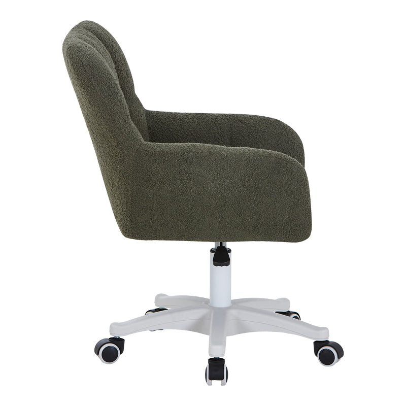 Модерна работна канцелариска столица Office Chair Vedaos тапацирана со луксузно маслинесто зелено букле со мека текстура, со засилена хромирана/црна база со тркалца