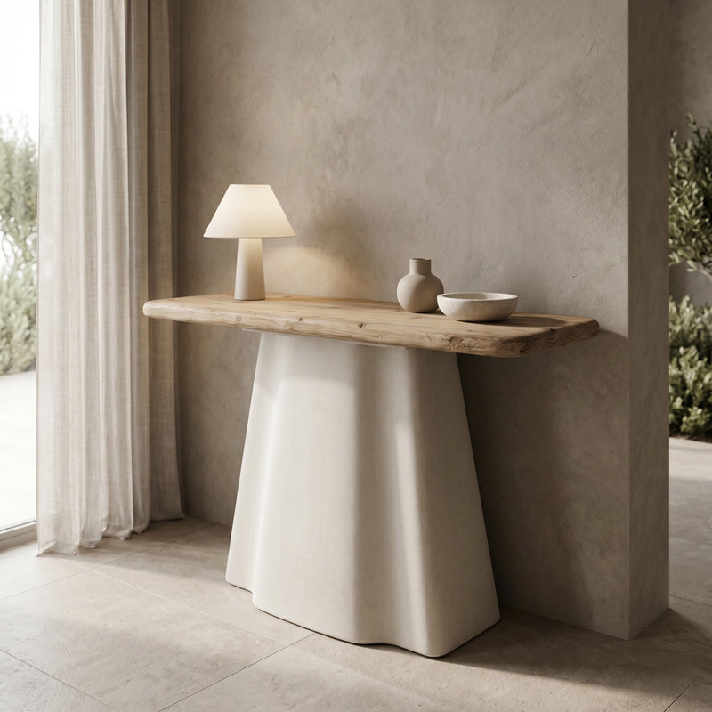 Модерна, естетска и уникатна конзолна маса Console Table Restic со горна површина во природна нијанса на дрво и зајакната естетска шасија во екри боја