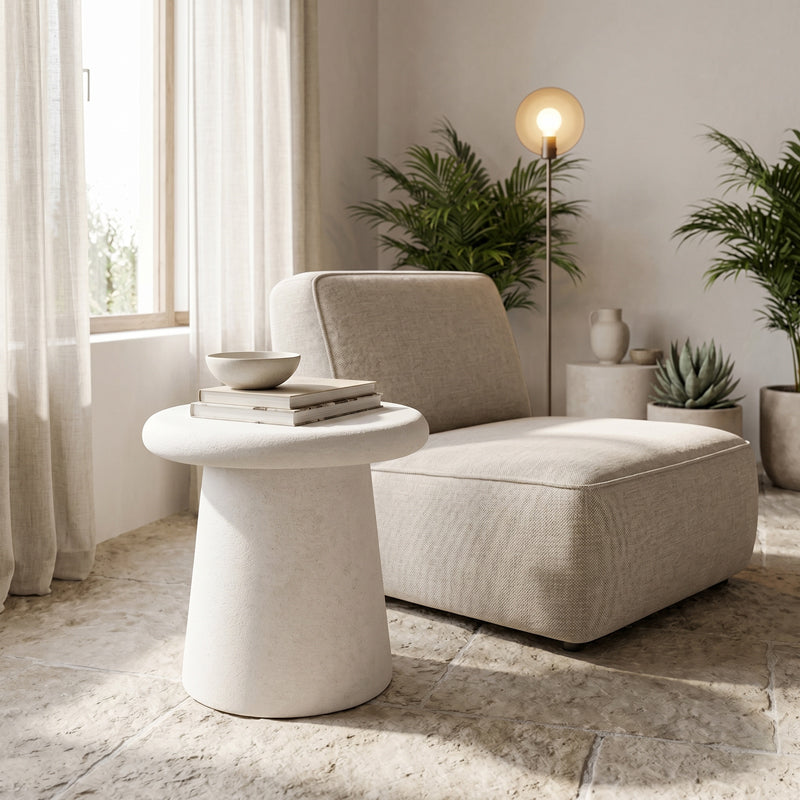 Модерна, естетска и уникатна тркалезна помошна маса Side Table Ridic во чиста бела боја со мазна горна површина и стабилна паметна архитектура