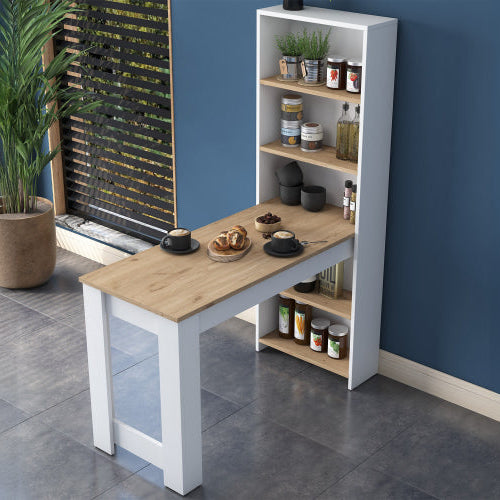 MULTIFUNCTIONAL TABLE WITH BUILT-IN SHELVES BARI – WHITE / OAK