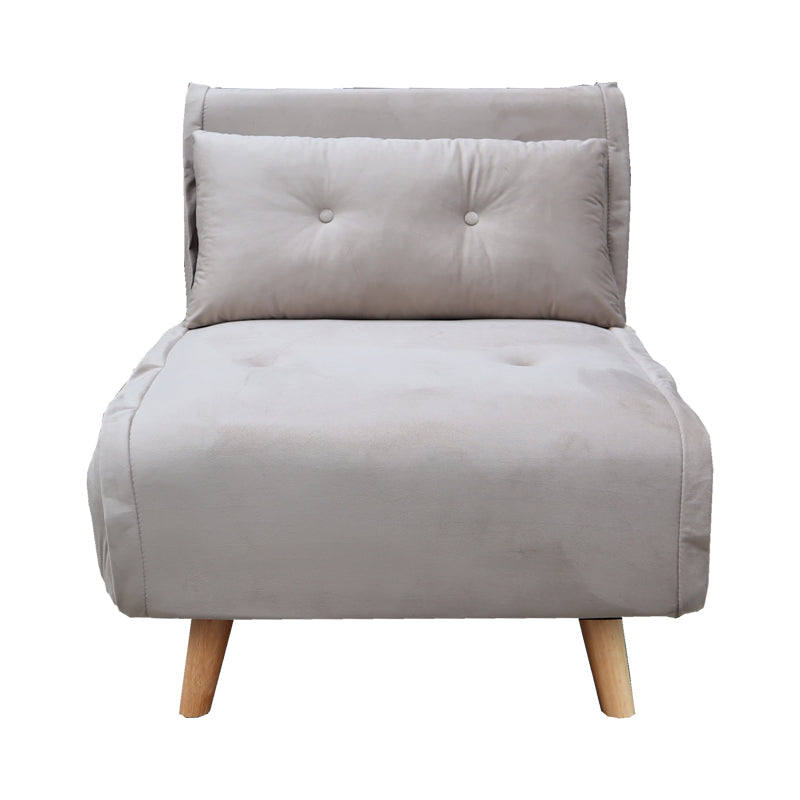Модерна лоунџ фотелја на расклопување Armchair-bed Vedda тапацирана со мека, долговечна сиво-беж кадифена ткаенина, во позиција на фотелја и целосно расклопена како паметен кревет