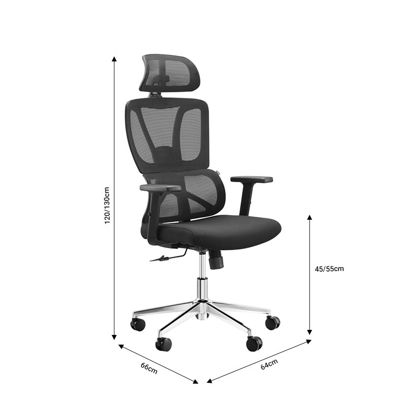 Професионална и луксузна директорска столица Yaraar со висок потпирач за грб од црна дишечка mesh мрежа, прилагодлив наслон за глава и ергономски ракофати