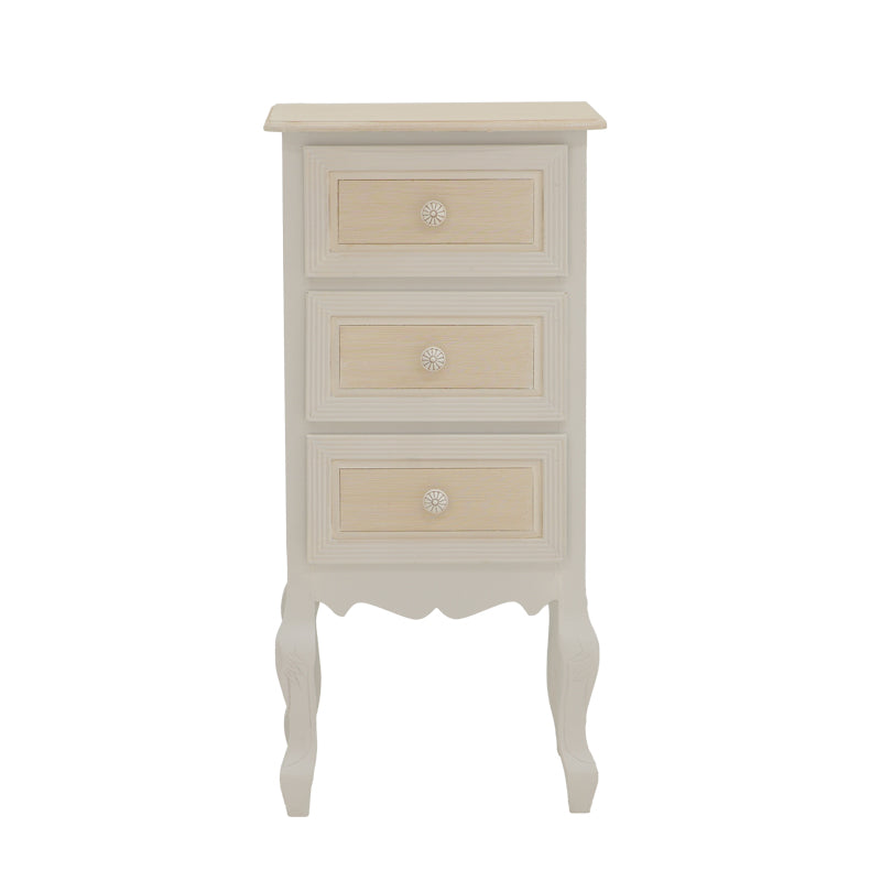 Префинета и издолжена ноќна масичка Bedside table Halin со горна плоча во природна нијанса на дрво, античко бела рамка, практична фиока и долна решеткаста полица