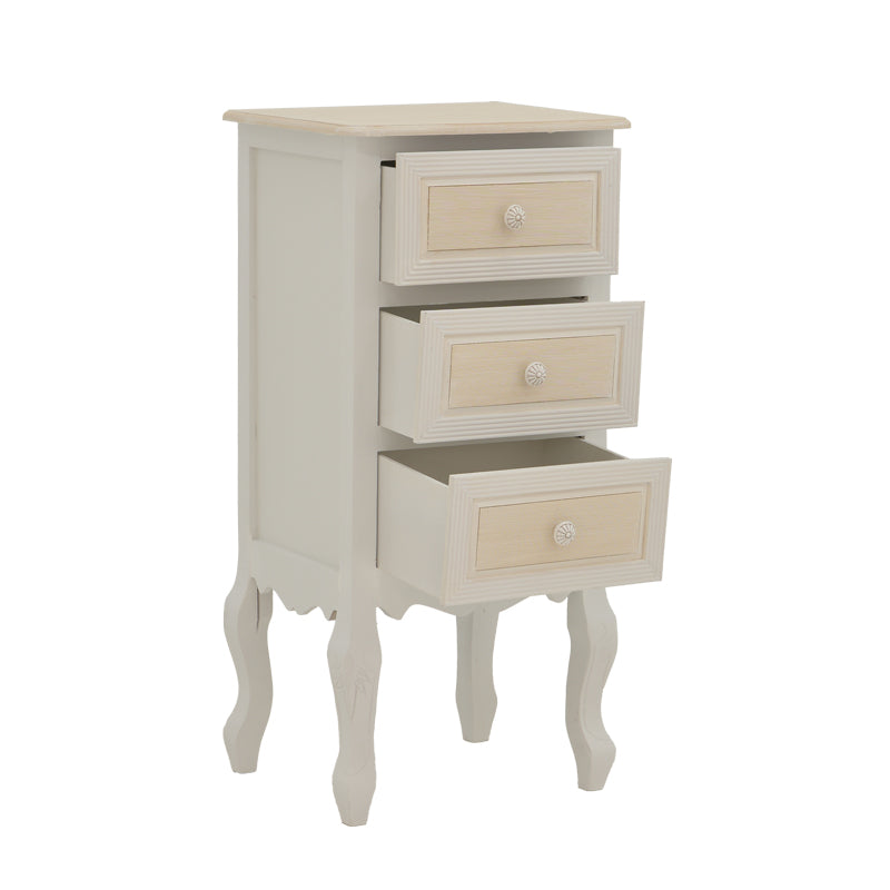 Префинета и издолжена ноќна масичка Bedside table Halin со горна плоча во природна нијанса на дрво, античко бела рамка, практична фиока и долна решеткаста полица