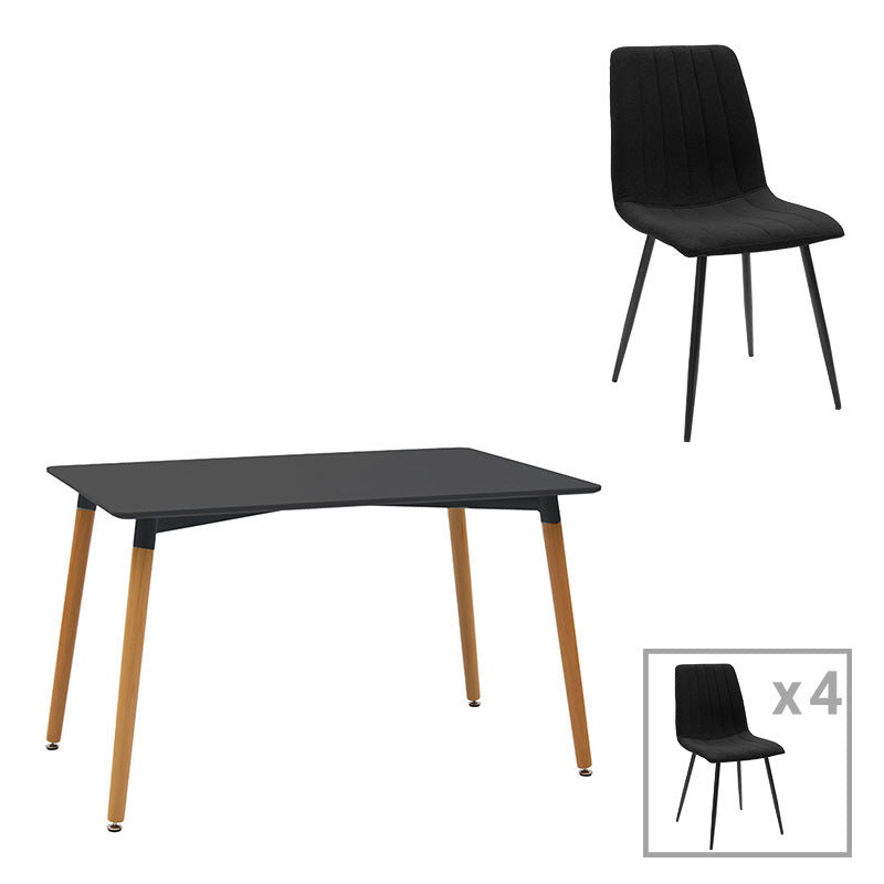 Комплетен трпезариски сет од 5 парчиња Dining Table Waric со елегантна мат црна правоаголна маса и четири усогласени лоунџ столици со засилени дрвени ногарки во натур боја