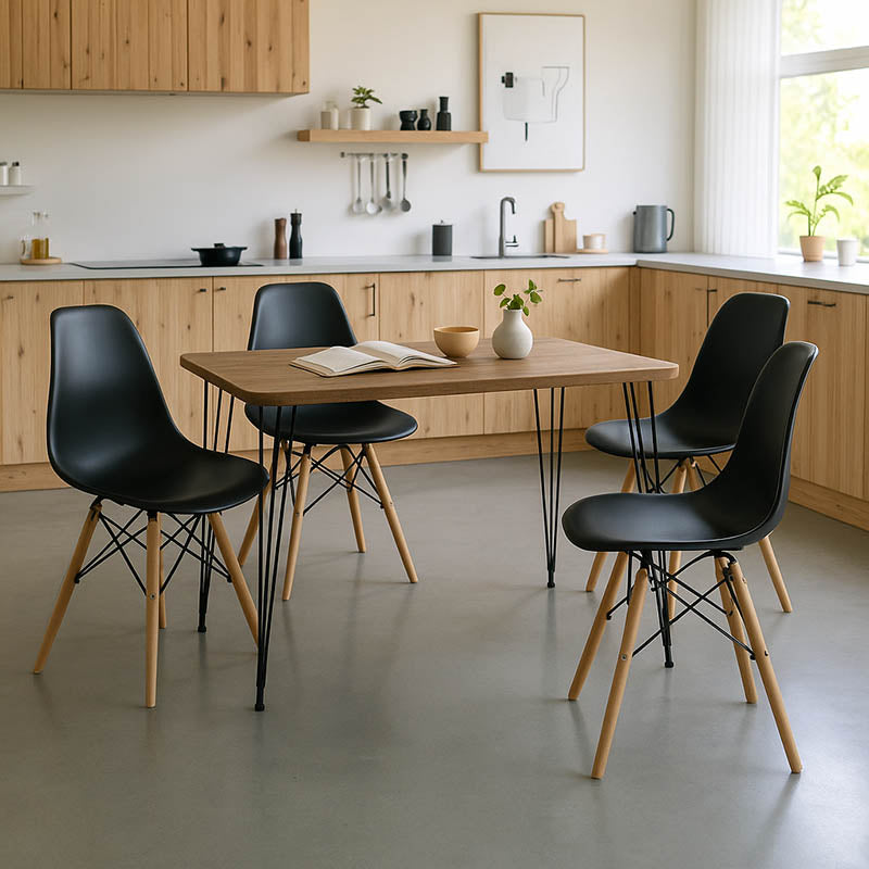Модерен праволиниски трпезариски сет Dining Room Set што вклучува функционална правоаголна маса и четири усогласени црни Vedaen лоунџ столици во минималистички стил