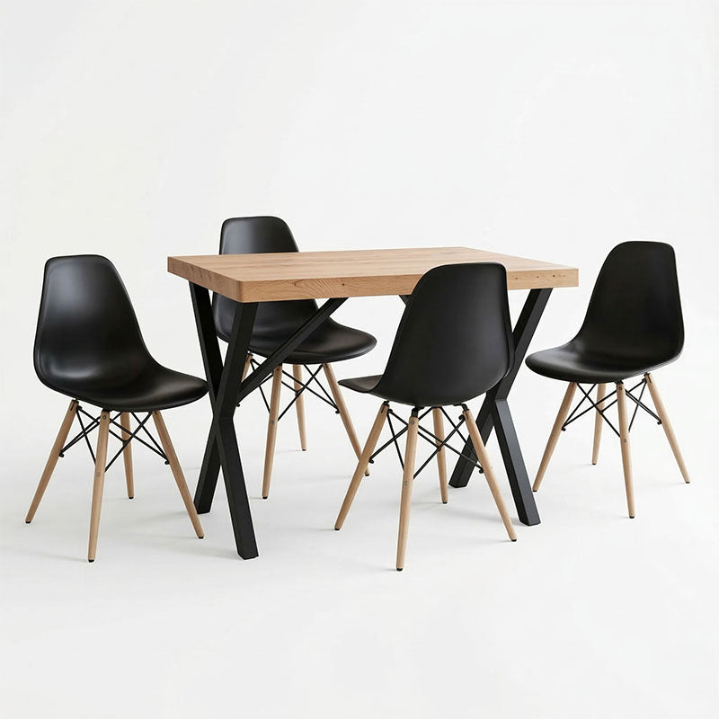 Модерен праволиниски трпезариски сет Dining Room Set што вклучува функционална правоаголна маса и четири усогласени црни Vedaer лоунџ столици во минималистички стил
