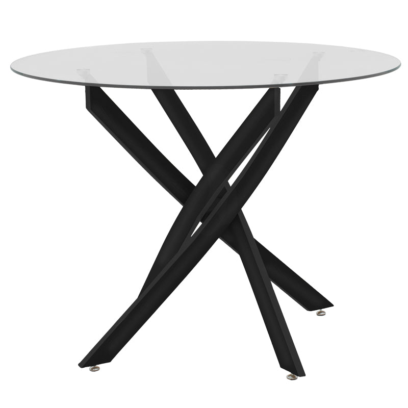 Модерен и луксузен трпезариски лоунџ сет Dining Room со тркалезна маса од калено проѕирно стакло Antoro и четири естетски црни столови Rareic со стабилна метална архитектура