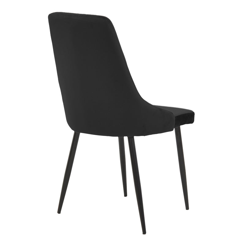 Модерен и луксузен трпезариски лоунџ сет Dining Room со тркалезна маса од калено проѕирно стакло Antoro и четири естетски црни столови Rareic со стабилна метална архитектура