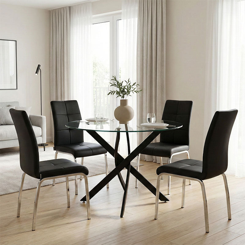 Модерен трпезариски сет Dining Room Set со тркалезна маса од транспарентно калено стакло со метална база и четири ергономски црни Vector лоунџ столови