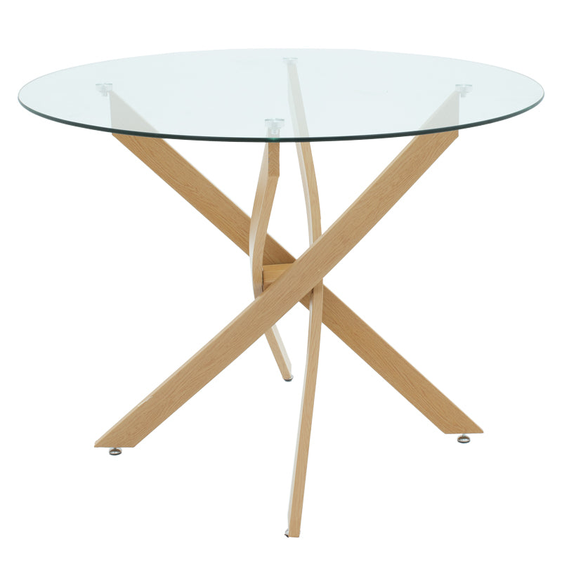 Модерен трпезариски сет Dining Room Set со тркалезна маса од транспарентно калено стакло со метална база и четири ергономски тапацирани Vecic лоунџ столови
