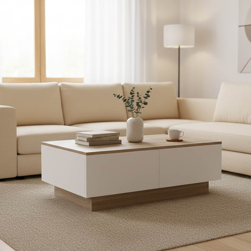 Модерна ниска клуб маса за кафе Coffee Table Weimaric со правоаголна плоча во текстура на сонома даб и засилена геометриска основа во мат бела боја