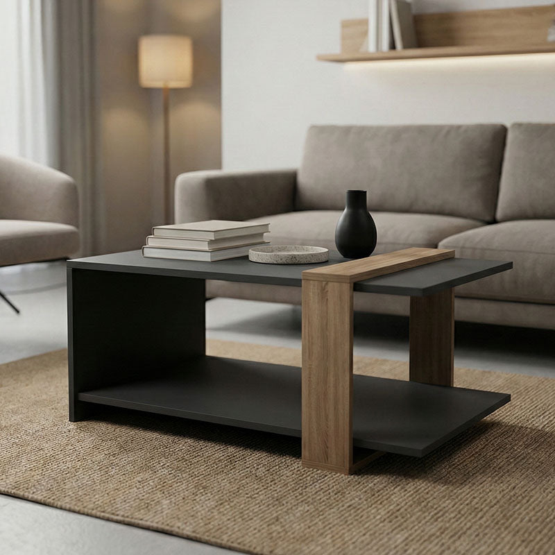 Модерна ниска клуб масичка Coffee Table Vanic со правоаголна површина во сонома декор со видливи дрвени шари врз стабилна геометриска база во мат антрацит сина боја