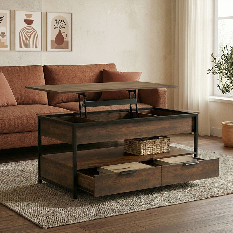 Индустриска и мултифункционална паметна клуб масичка Coffee Table Ultra со подигната горна плоча во рустично кафена боја врз стабилна црна метална рамка