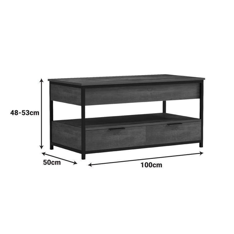 Индустриска и мултифункционална паметна клуб масичка Coffee Table Ultra со подигната горна плоча во рустично кафена боја врз стабилна црна метална рамка