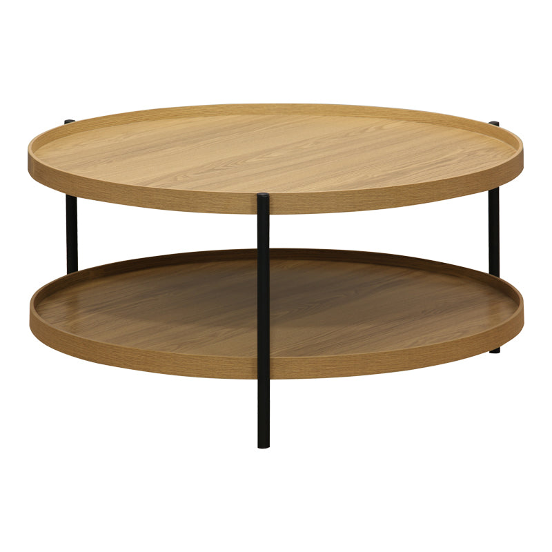 Модерна, естетска и уникатна тркалезна клуб масичка Coffee table Halsaic со широка горна плоча во природна боја на дрво и геометриска црна метална структура