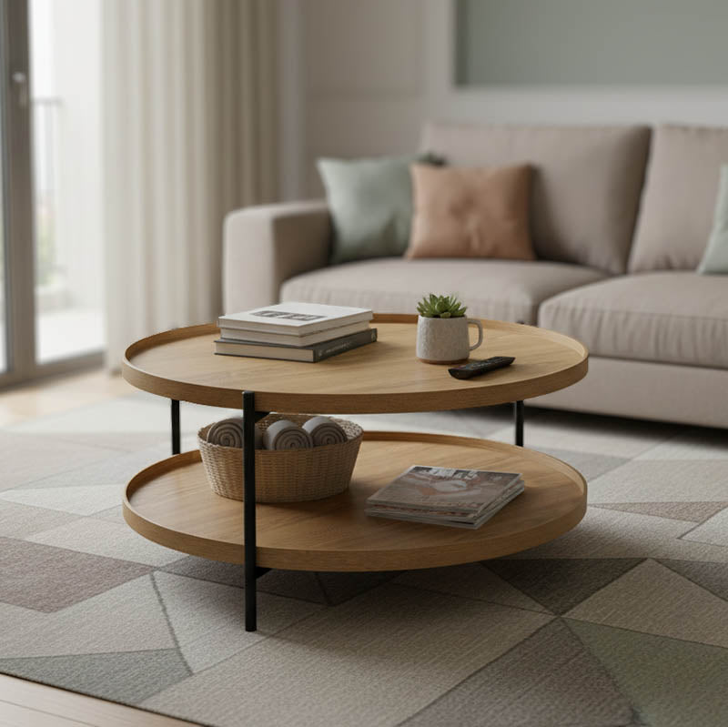 Модерна, естетска и уникатна тркалезна клуб масичка Coffee table Halsaic со широка горна плоча во природна боја на дрво и геометриска црна метална структура
