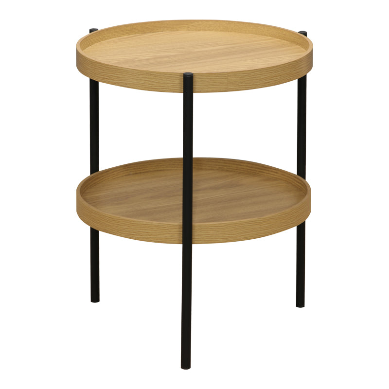 Модерна, естетска и уникатна тркалезна помошна масичка Side table Halre со горна плоча во природна боја на дрво и минималистичка црна метална структура
