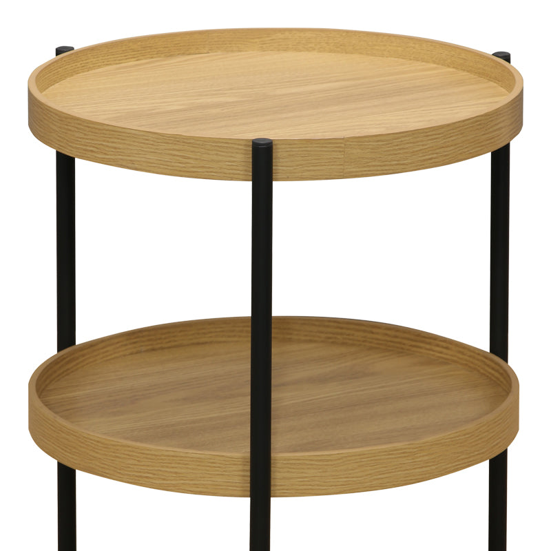 Модерна, естетска и уникатна тркалезна помошна масичка Side table Halre со горна плоча во природна боја на дрво и минималистичка црна метална структура