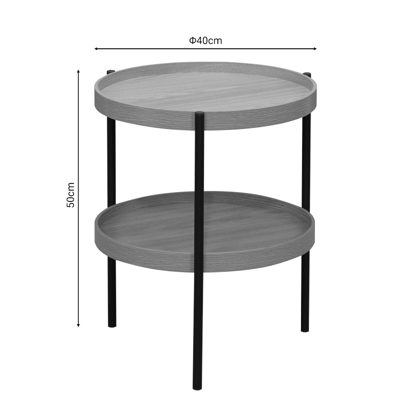 Модерна, естетска и уникатна тркалезна помошна масичка Side table Halre со горна плоча во природна боја на дрво и минималистичка црна метална структура