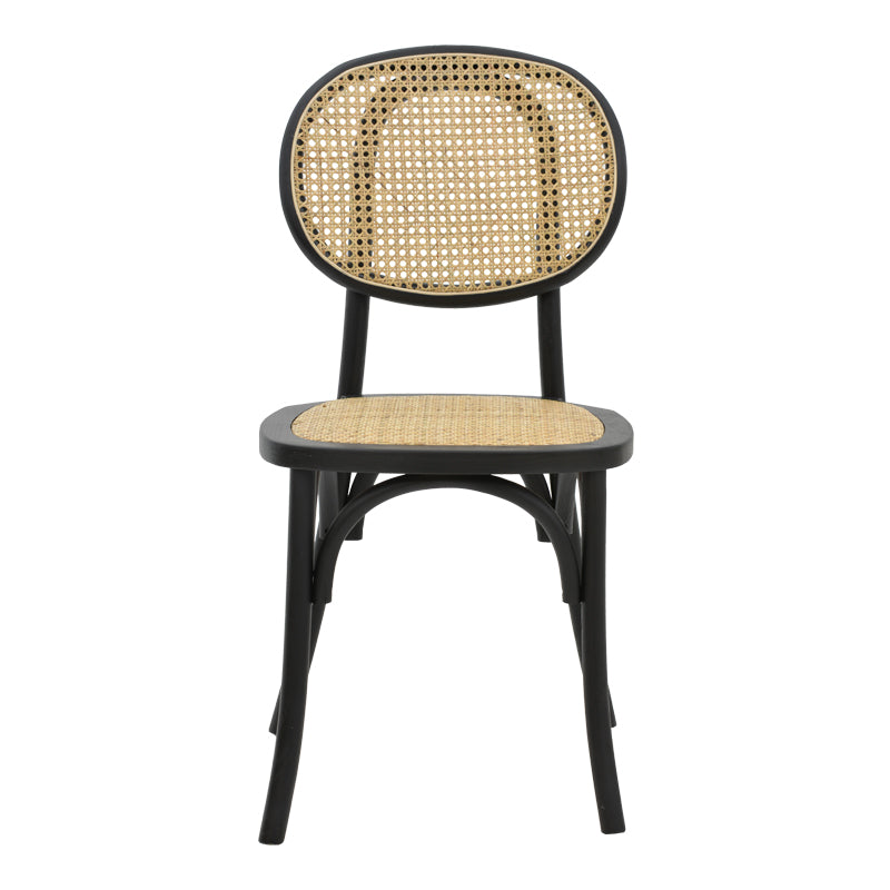 Модерно, естетско и уникатно дрвено столче Chair Innsbruckic со мат црна букова рамка и контрастен наслон од плетен природен ратан