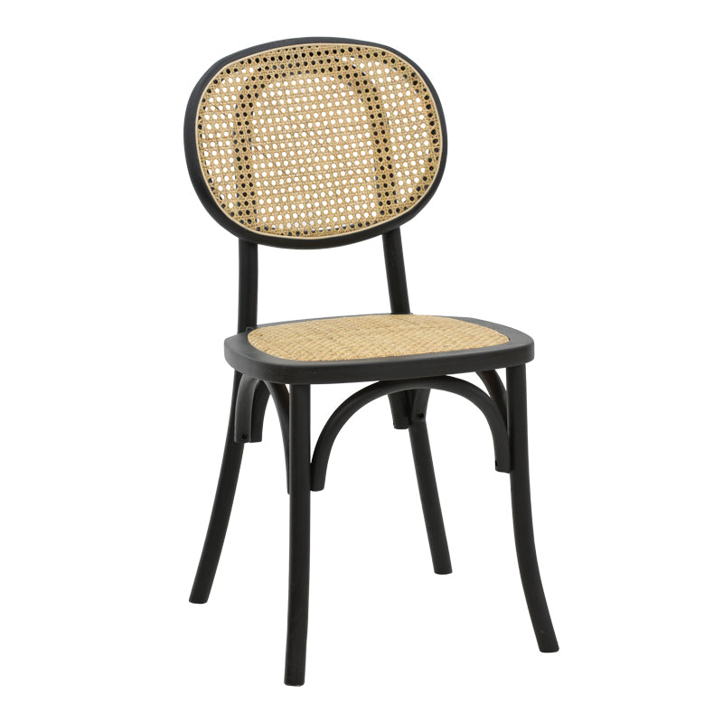 Модерно, естетско и уникатно дрвено столче Chair Innsbruckic со мат црна букова рамка и контрастен наслон од плетен природен ратан