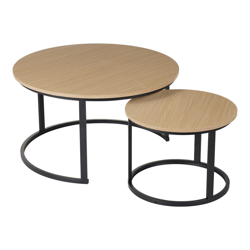 Модерен индустриски сет од две кружни клуб масички Coffee Tables Woodic во топол натур даб декор со стабилни мат црни метални ногарки