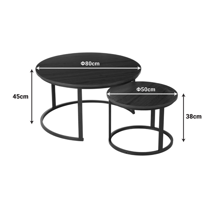 Модерен индустриски сет од две кружни клуб масички Coffee Tables Woodic во топол натур даб декор со стабилни мат црни метални ногарки