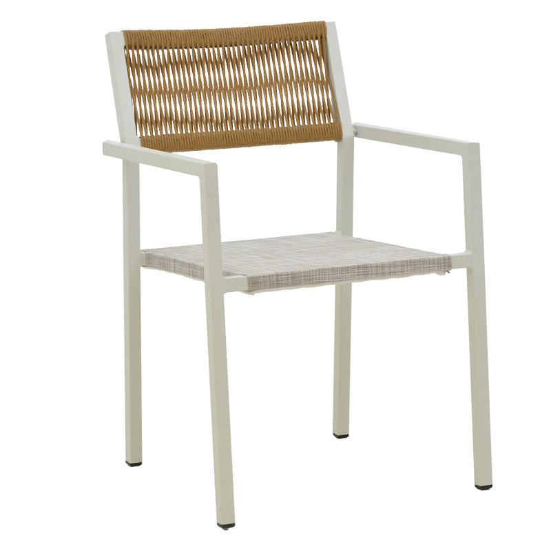 Модерен, естетски и уникатен редечки градинарски стол Aluminum armchair Quebec со бела алуминиумска рамка и седиште од текстилен во нијанса на природен ратан