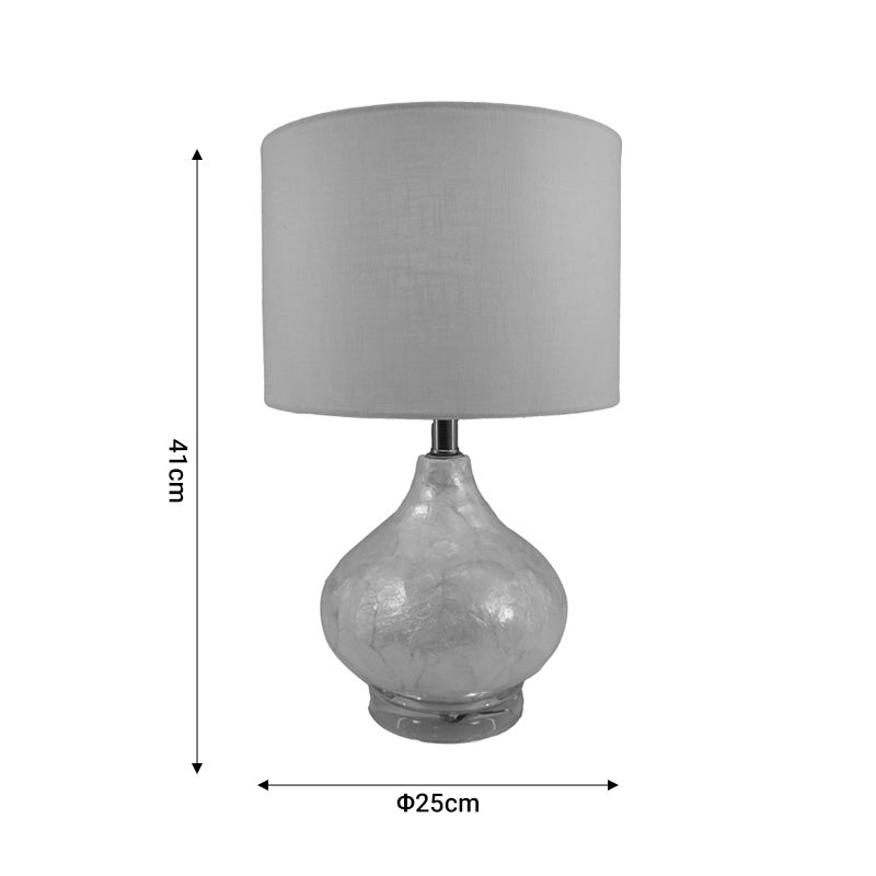 Модерна и елегантна столна лампа Table lamp Galaex со луксузна бела стаклена основа и цилиндричен бел абажур од премиум платно