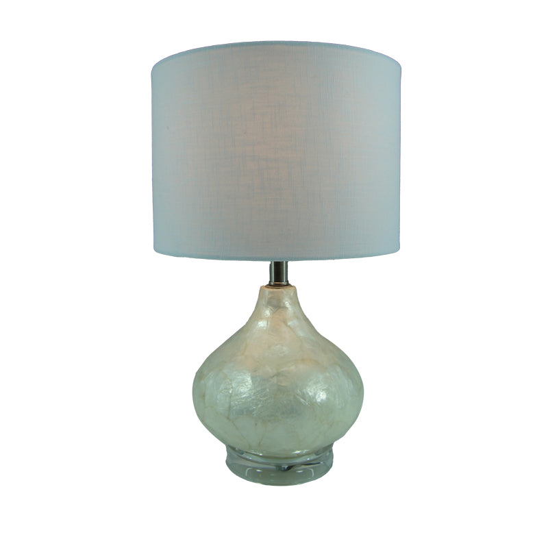 Модерна и елегантна столна лампа Table lamp Galaex со луксузна бела стаклена основа и цилиндричен бел абажур од премиум платно