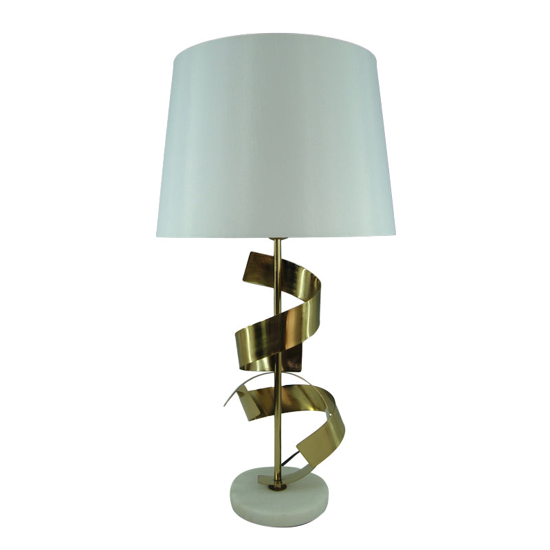 Модерна, исклучително висока и елегантна столна лампа Table lamp Galaon со раскошна златна метална основа и голем бел абажур од премиум платно