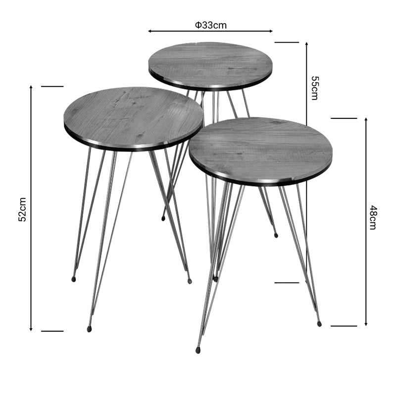 Модерен, естетски и уникатен сет од три клуб масички Side tables Kasic со горна плоча во природен даб дрвен декор и префинети сјајни златни метални ногарки