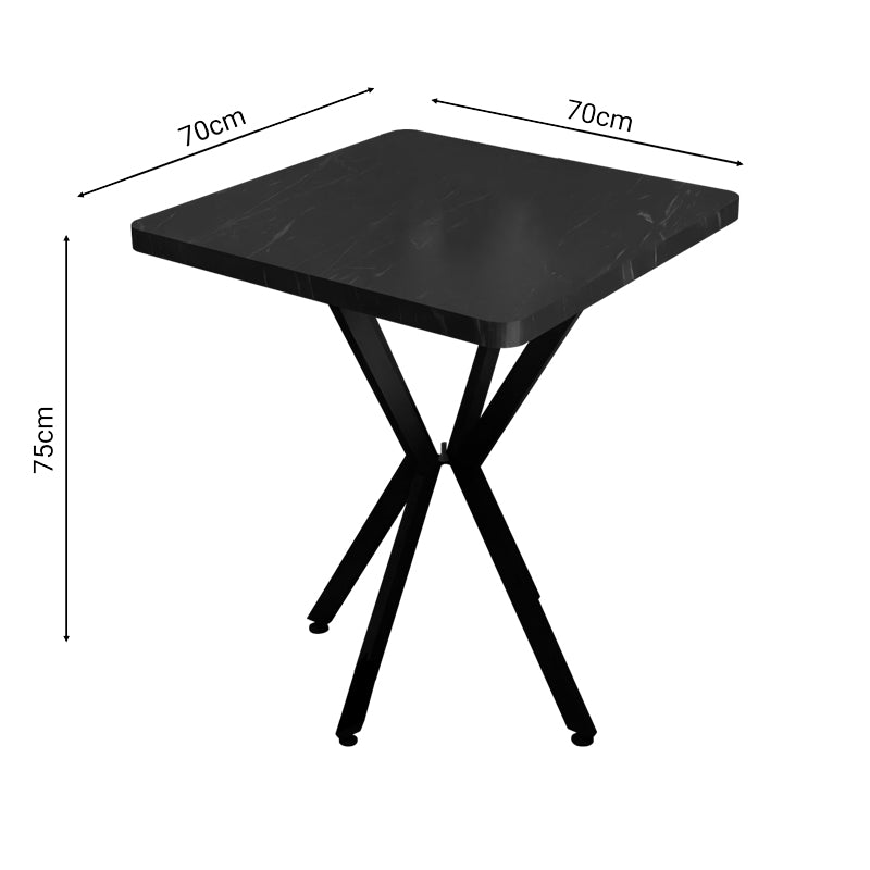Модерна, естетска и уникатна коцкаста трпезариска маса Table Kassel со горна плоча во луксузен декор на црн мермер и стабилна црна метална база