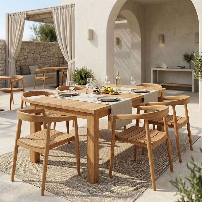 Модерен и луксузен трпезариски сет Dining table Xenoet од голема правоаголна маса и шест комфорни столови изработени од 100% масивно тиково дрво со природна златна нијанса