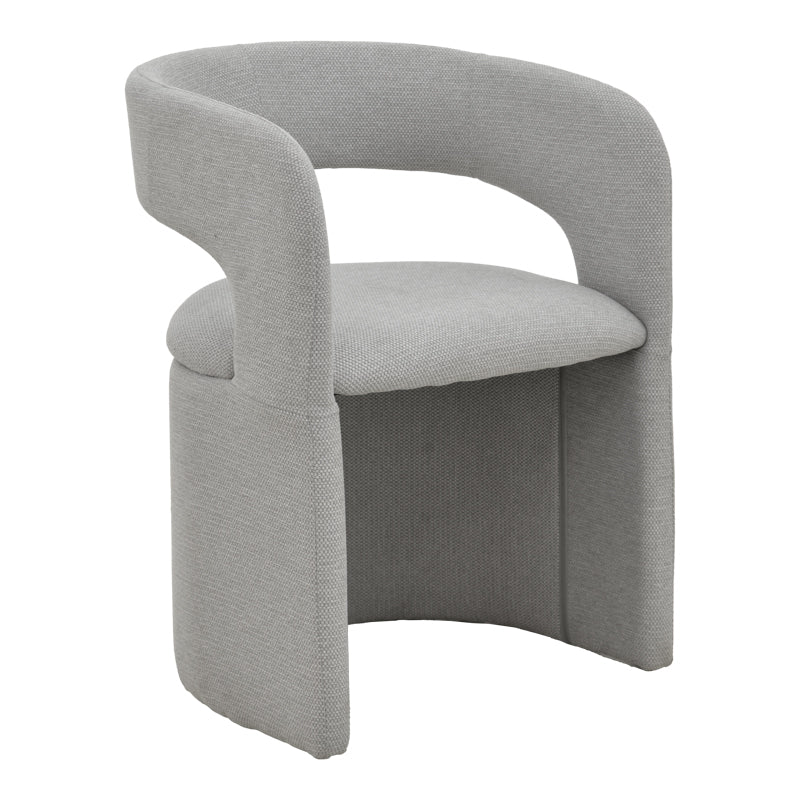 Модерна лоунџ трпезариска фотелја Armchair Umben со паметна ергономска форма, наслони за раце и мека мат ткаенина во сиво-беж нијанса врз стабилна темна база