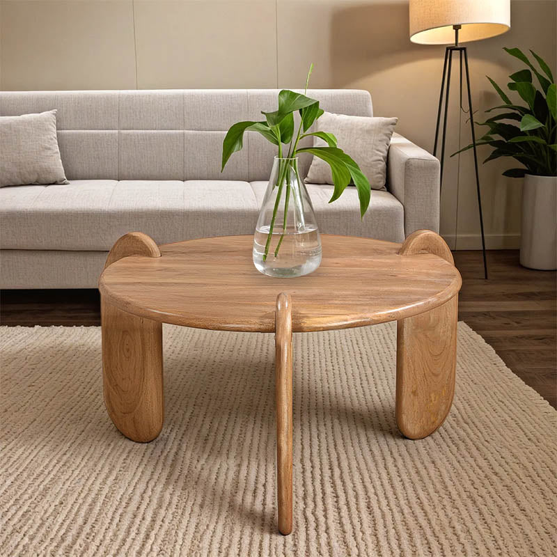 Луксузна тркалезна клуб масичка за дневна соба Coffee table Wreet изработена од вистинско масивно дрво акација со видливи природни годови во натур нијанса