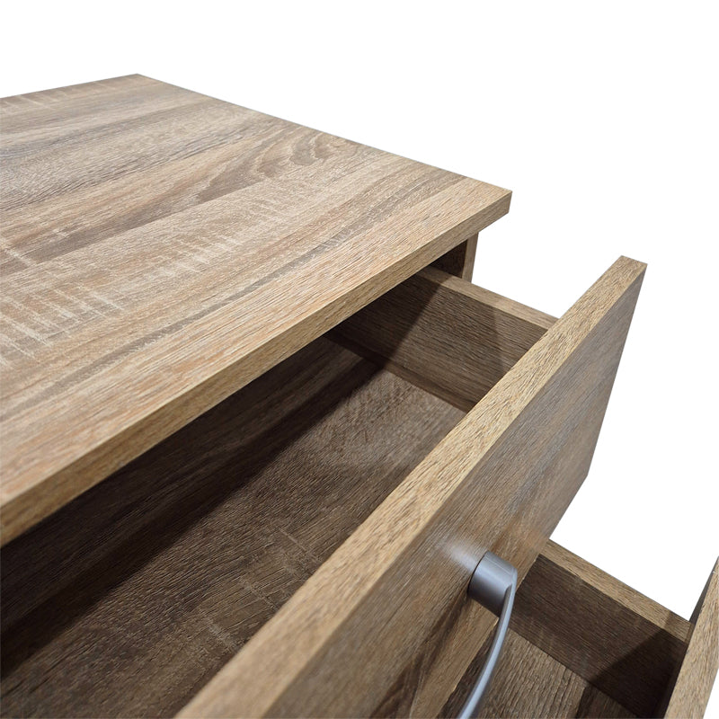 Модерна компактна ноќна масичка Bedside Table Vedaia во природен светл сонома декор, со паметна функционална фиока за складирање и отворена лоунџ полица