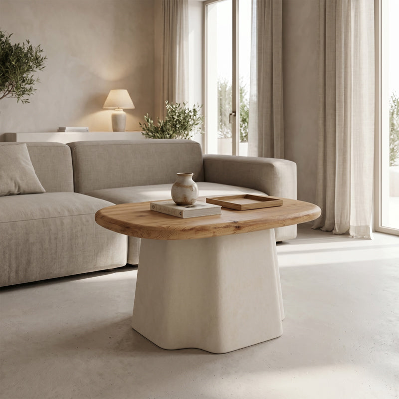Модерна, естетска и уникатна тркалезна клупска маса Coffee Table Rest со горна површина во природна нијанса на дрво и зајакната естетска шасија во екри боја
